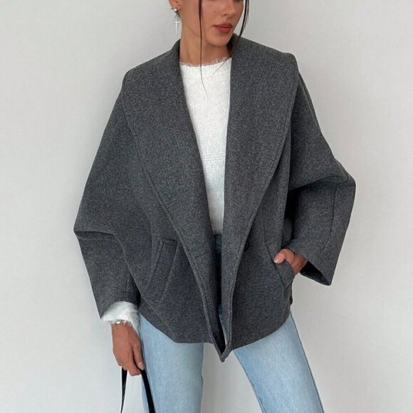 Jackets & Blazers - Grey Casual Women's Gray Elegant Wool Blend Lapel Coat